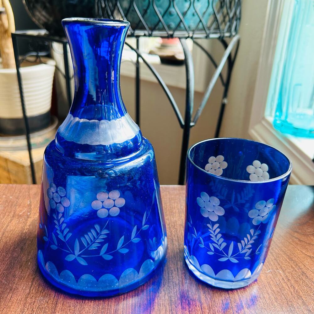 Cobalt Blue Cut To Clear Tumble-Up Carafe Or Decanter & Cup For Night Stand